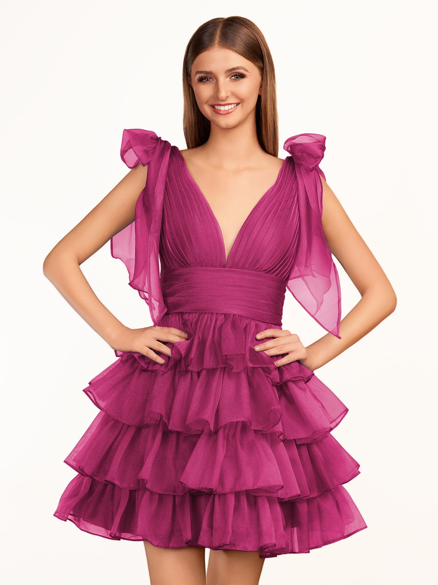 KissDress Trendy A-Line Royal Blue Tiered Homecoming Dress with Bow | Crafted from durable polyester, the V-neckline frames your face beautifully. Shine bright on your special night in this comfortable and luxurious dress.