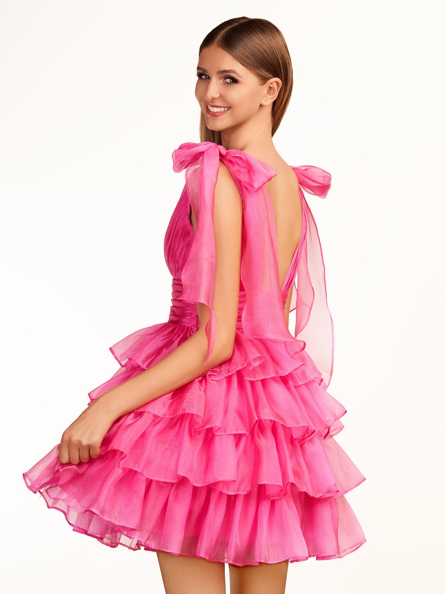 KissDress Trendy A-Line Royal Blue Tiered Homecoming Dress with Bow | Crafted from durable polyester, the V-neckline frames your face beautifully. Shine bright on your special night in this comfortable and luxurious dress.