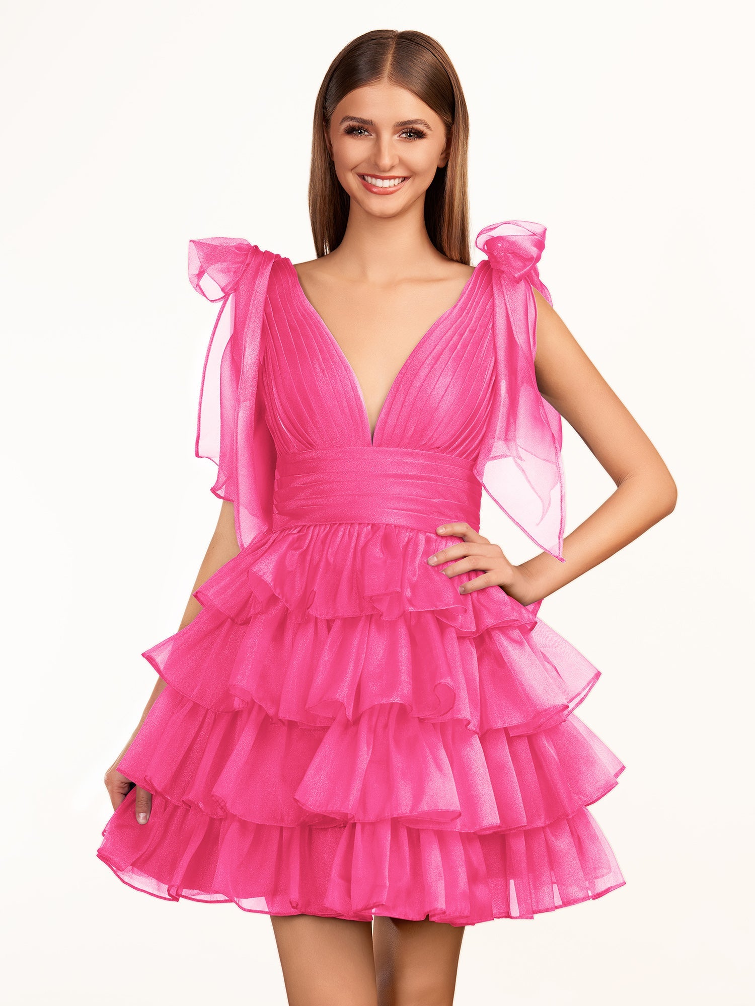 KissDress Trendy A-Line Royal Blue Tiered Homecoming Dress with Bow | Crafted from durable polyester, the V-neckline frames your face beautifully. Shine bright on your special night in this comfortable and luxurious dress.