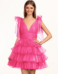 KissDress Trendy A-Line Royal Blue Tiered Homecoming Dress with Bow | Crafted from durable polyester, the V-neckline frames your face beautifully. Shine bright on your special night in this comfortable and luxurious dress.