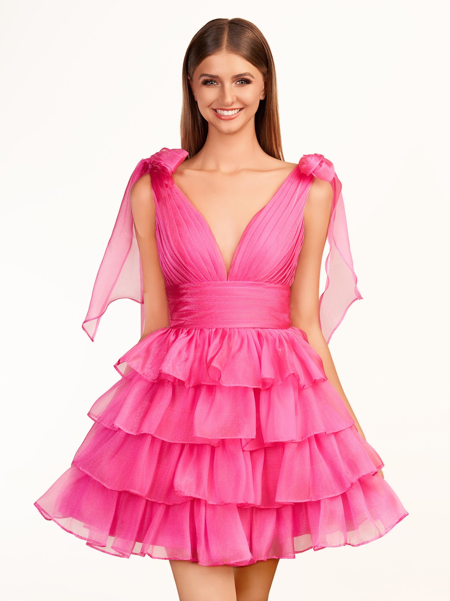 KissDress Trendy A-Line Royal Blue Tiered Homecoming Dress with Bow | Crafted from durable polyester, the V-neckline frames your face beautifully. Shine bright on your special night in this comfortable and luxurious dress.