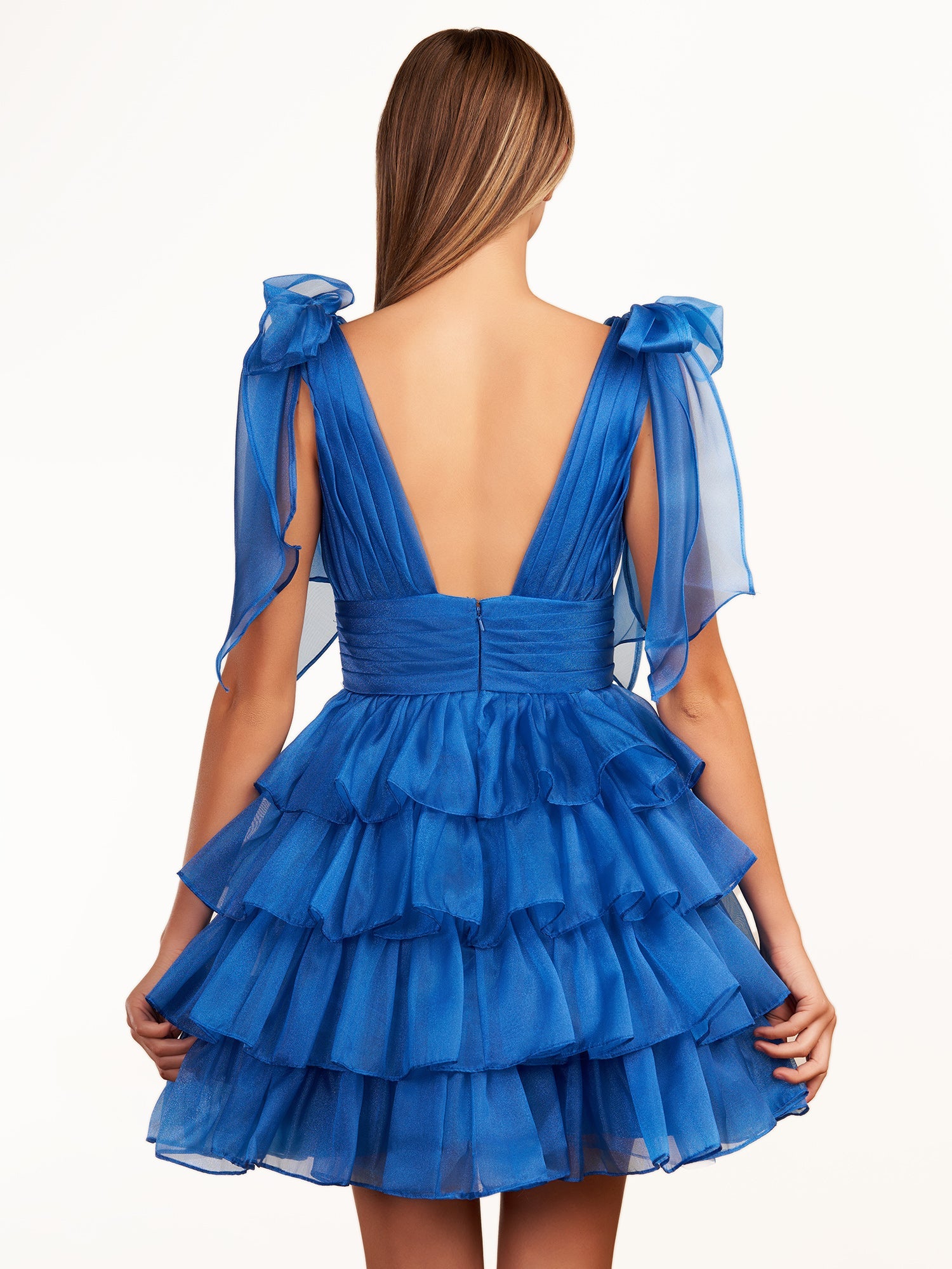 KissDress Trendy A-Line Royal Blue Tiered Homecoming Dress with Bow | Crafted from durable polyester, the V-neckline frames your face beautifully. Shine bright on your special night in this comfortable and luxurious dress.