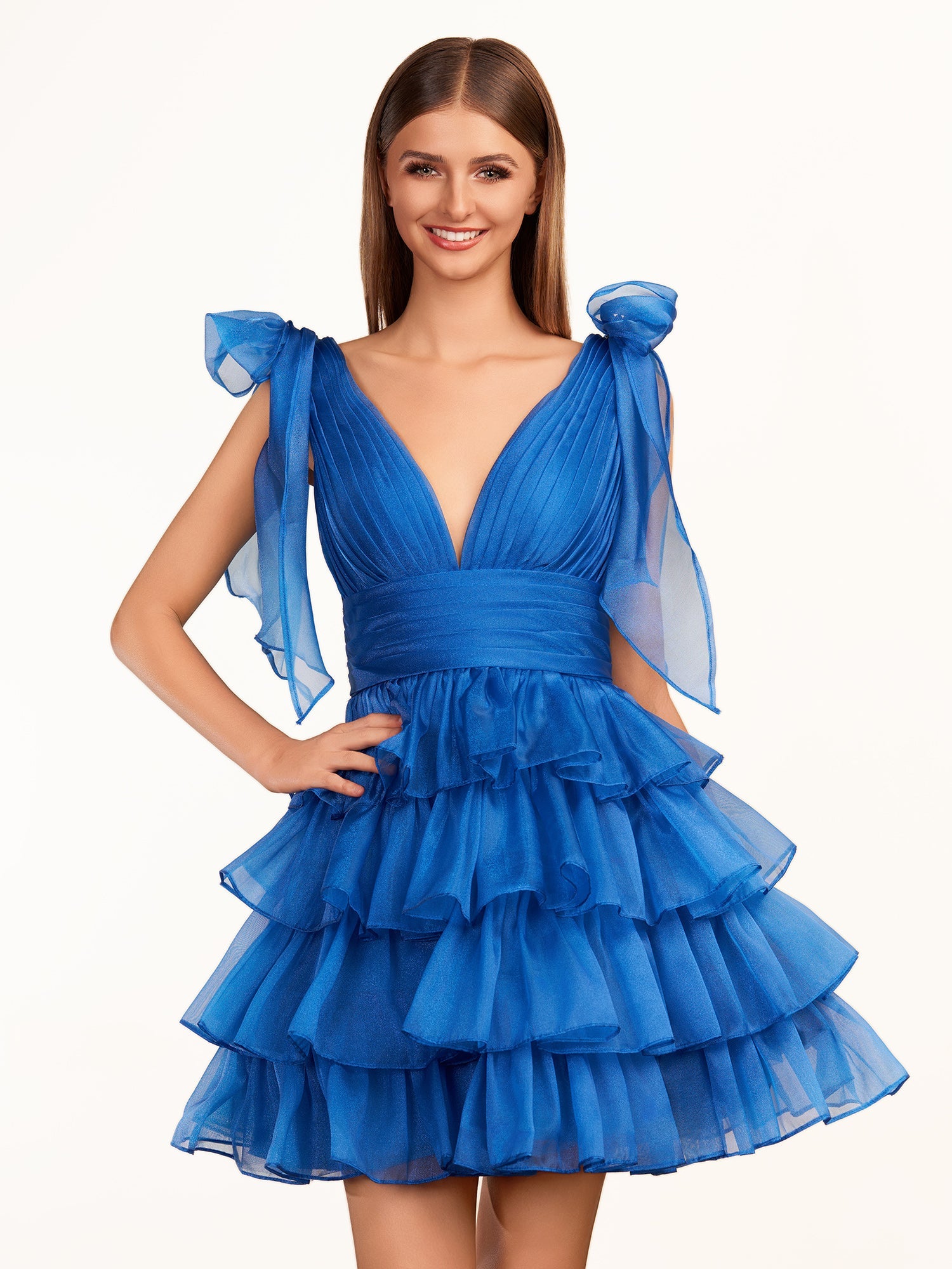 KissDress Trendy A-Line Royal Blue Tiered Homecoming Dress with Bow | Crafted from durable polyester, the V-neckline frames your face beautifully. Shine bright on your special night in this comfortable and luxurious dress.