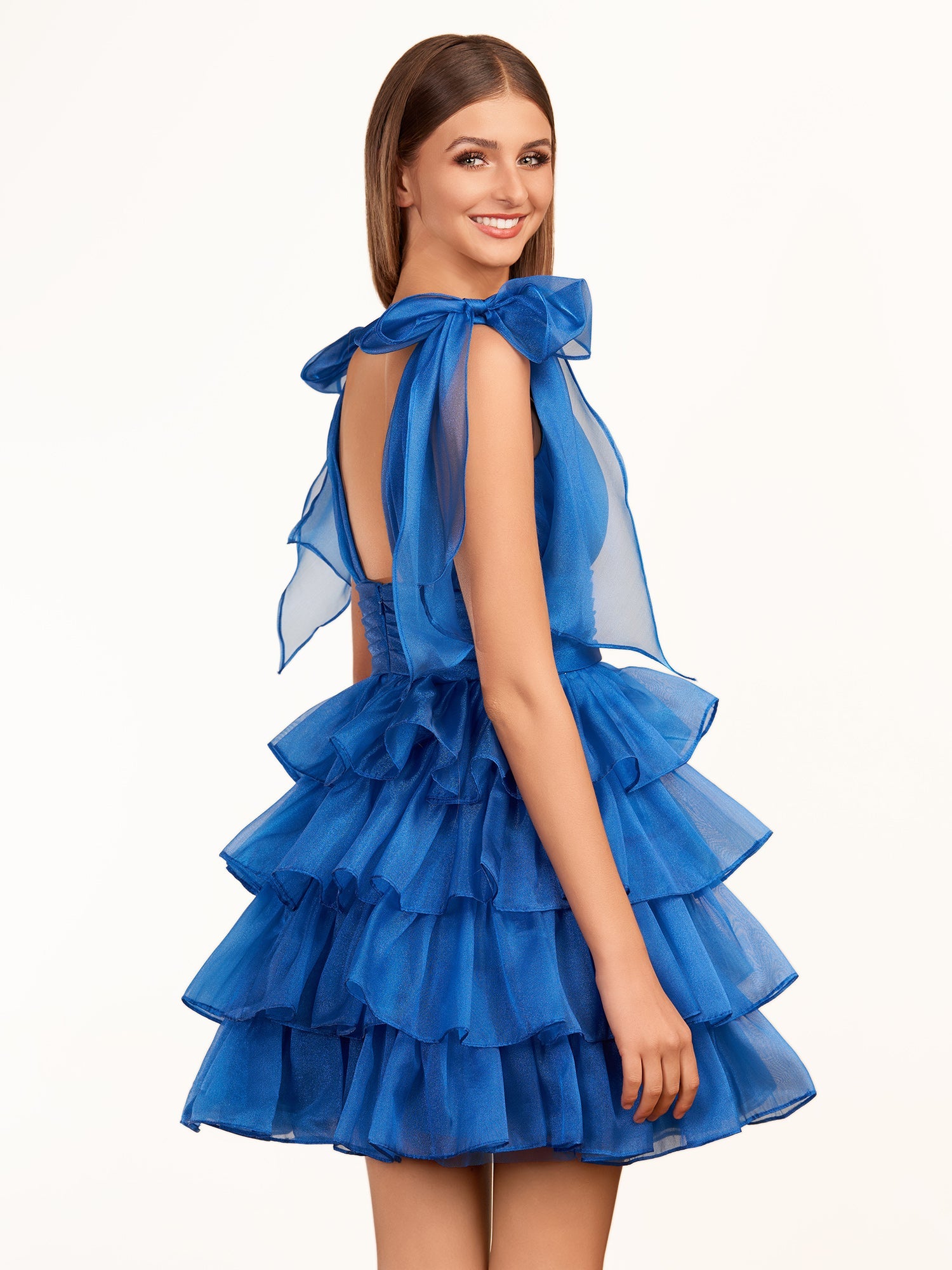 KissDress Trendy A-Line Royal Blue Tiered Homecoming Dress with Bow | Crafted from durable polyester, the V-neckline frames your face beautifully. Shine bright on your special night in this comfortable and luxurious dress.