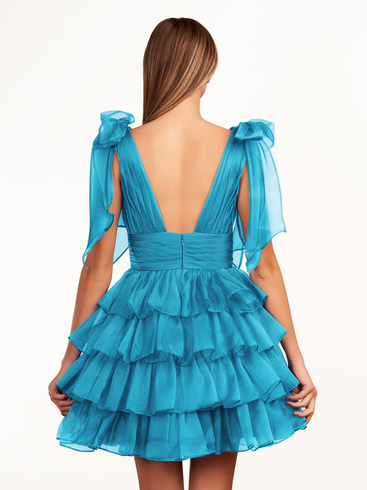 KissDress Trendy A-Line Royal Blue Tiered Homecoming Dress with Bow | Crafted from durable polyester, the V-neckline frames your face beautifully. Shine bright on your special night in this comfortable and luxurious dress.