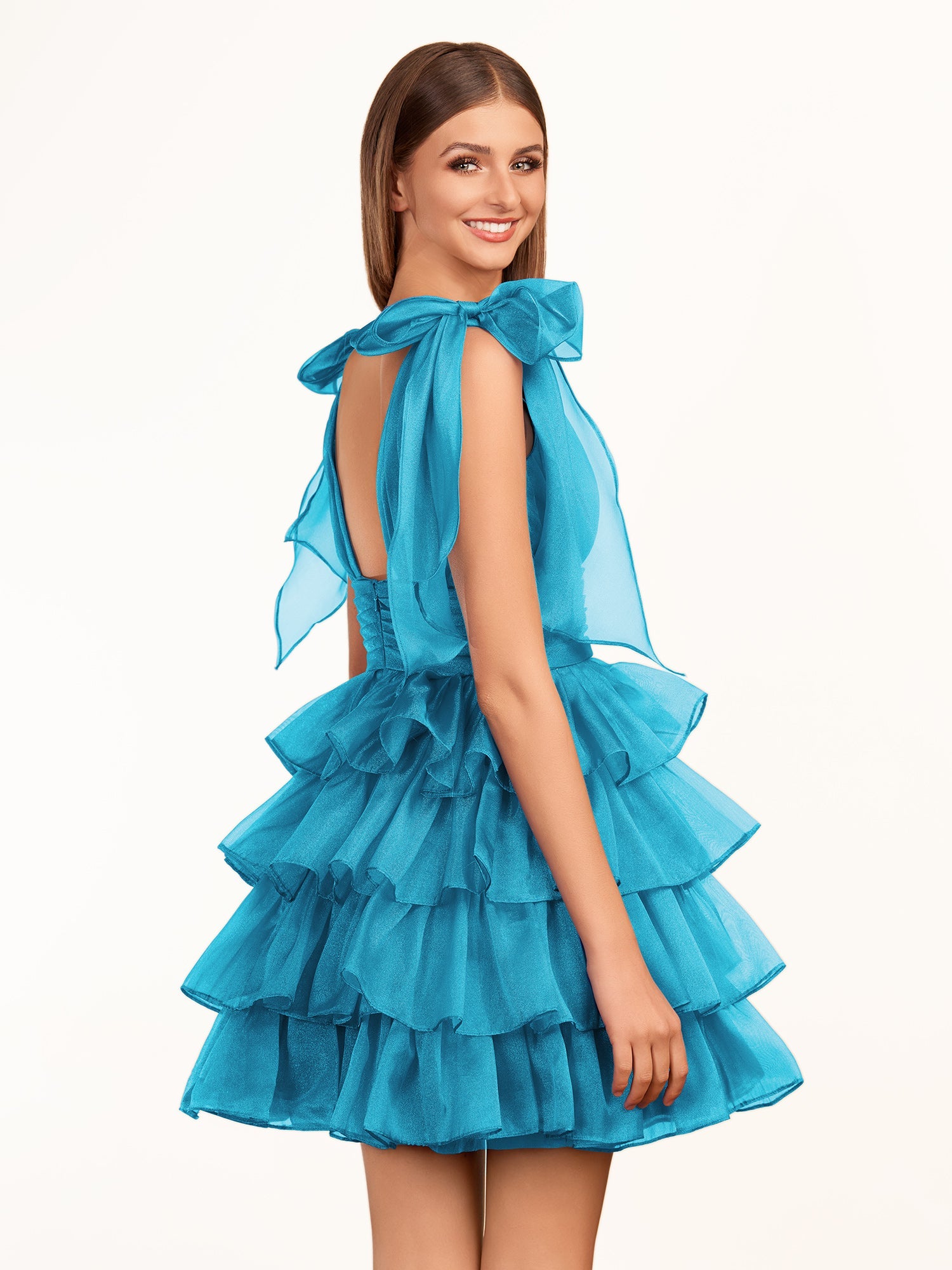 KissDress Trendy A-Line Royal Blue Tiered Homecoming Dress with Bow | Crafted from durable polyester, the V-neckline frames your face beautifully. Shine bright on your special night in this comfortable and luxurious dress.