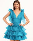 KissDress Trendy A-Line Royal Blue Tiered Homecoming Dress with Bow | Crafted from durable polyester, the V-neckline frames your face beautifully. Shine bright on your special night in this comfortable and luxurious dress.
