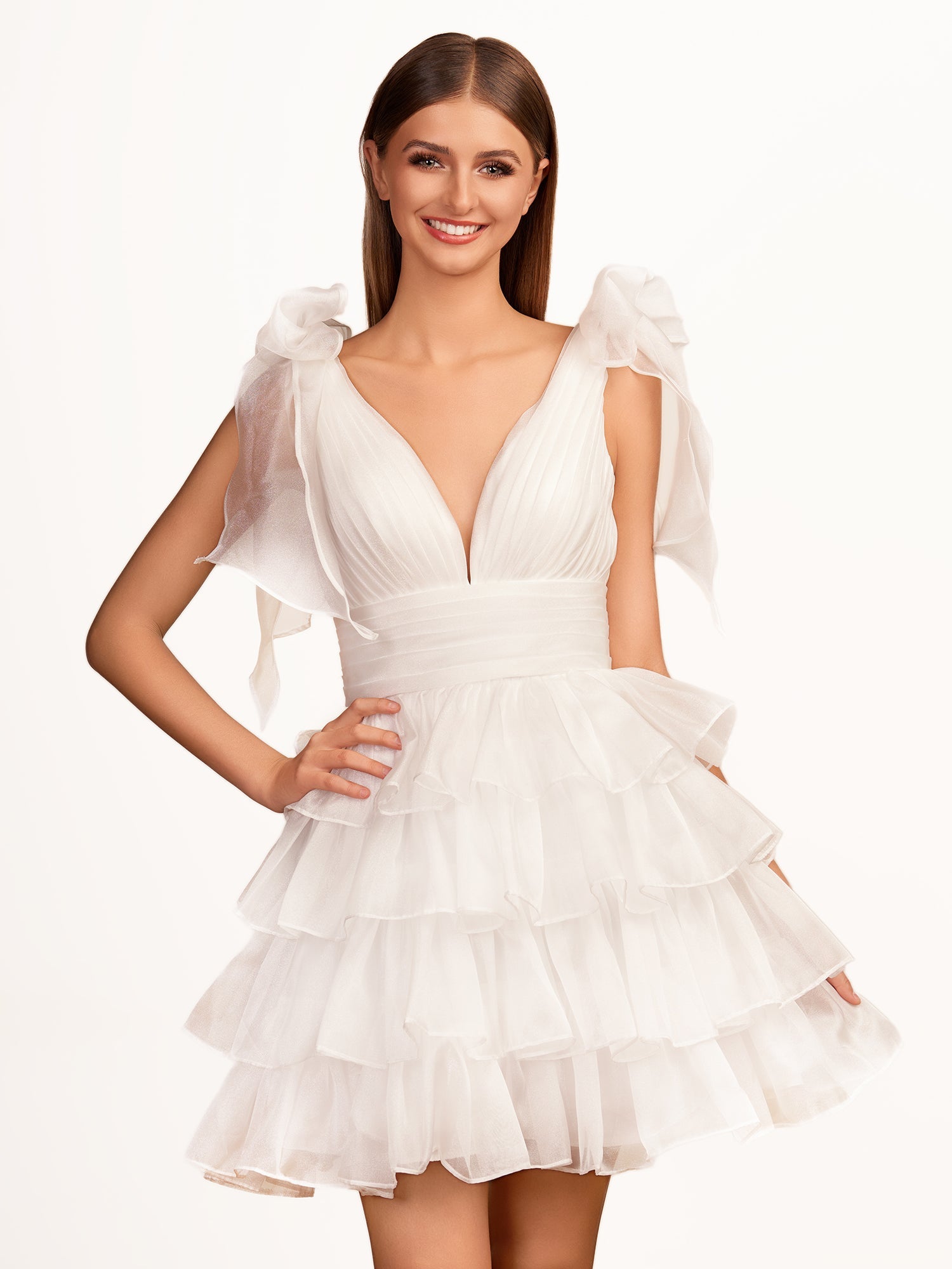 KissDress Trendy A-Line Royal Blue Tiered Homecoming Dress with Bow | Crafted from durable polyester, the V-neckline frames your face beautifully. Shine bright on your special night in this comfortable and luxurious dress.