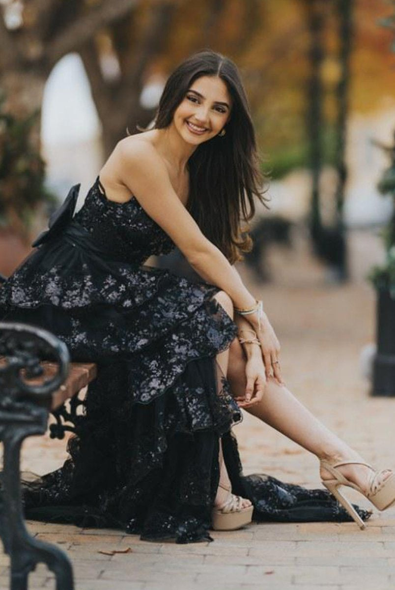 Jonjay | A - Line Sweetheart Sequin Ruffles Long Prom Dresses with Bow - KissProm