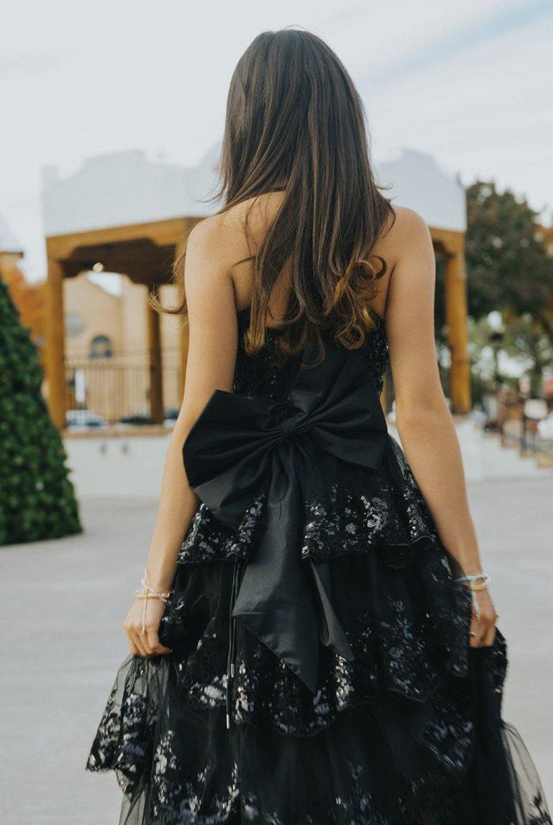 Jonjay | A - Line Sweetheart Sequin Ruffles Long Prom Dresses with Bow - KissProm