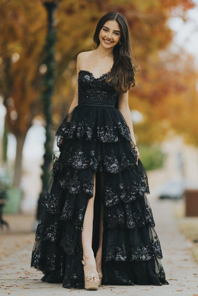 Jonjay | A - Line Sweetheart Sequin Ruffles Long Prom Dresses with Bow - KissProm