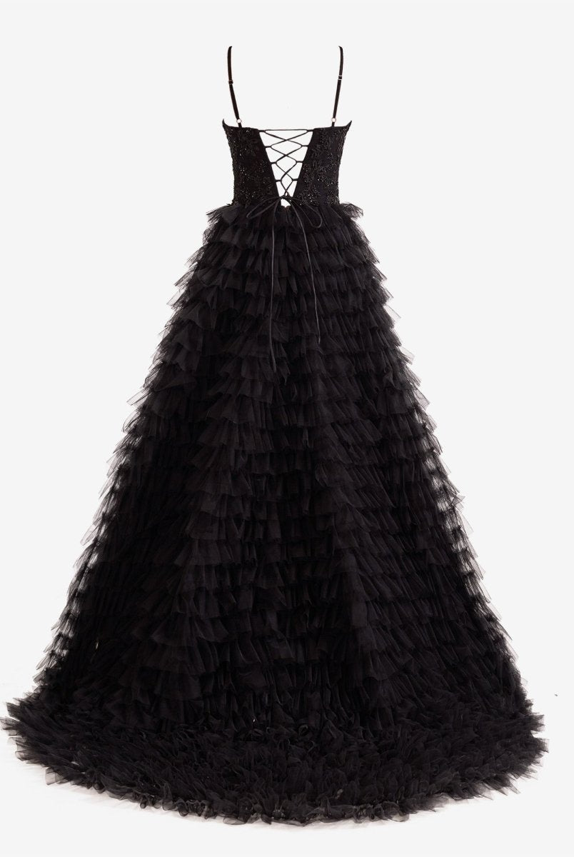 Jordan | A - Line Tiered Sequins Tulle Long Prom Dress - KissProm