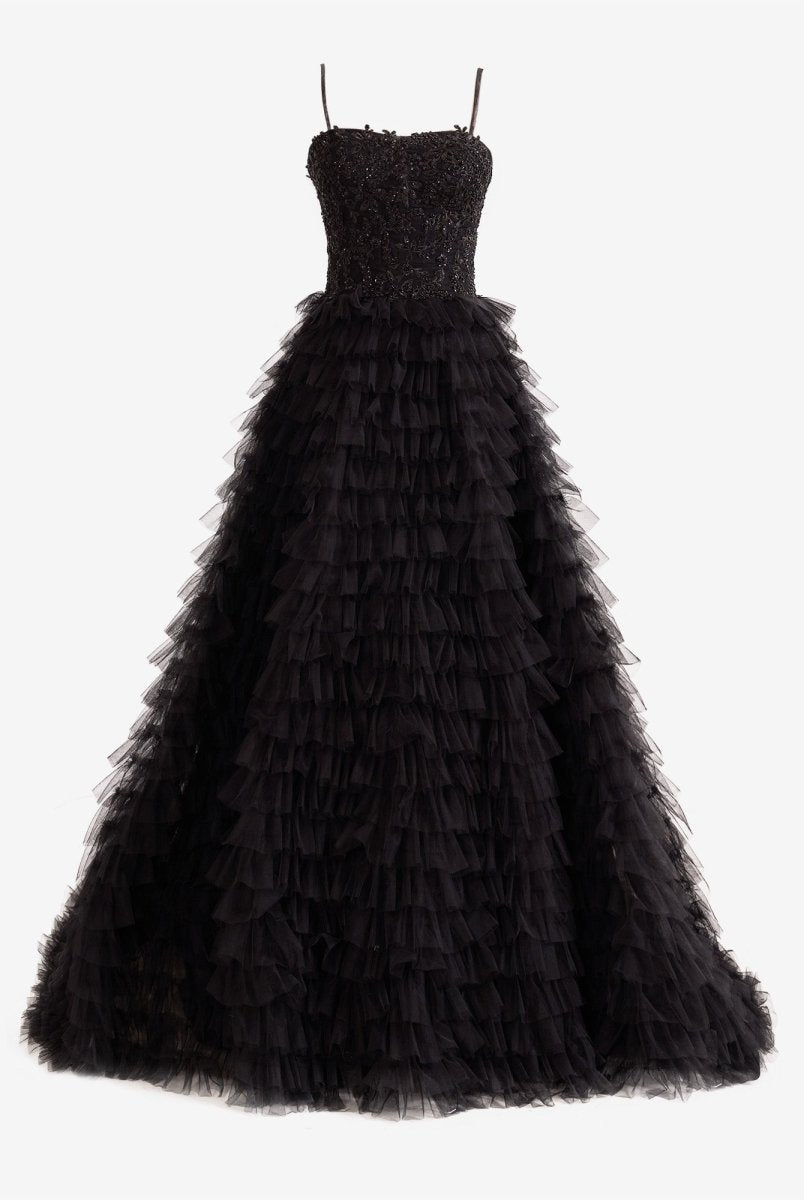 Jordan | Black A - Line Tiered Sequins Tulle Long Prom Dress - KissProm