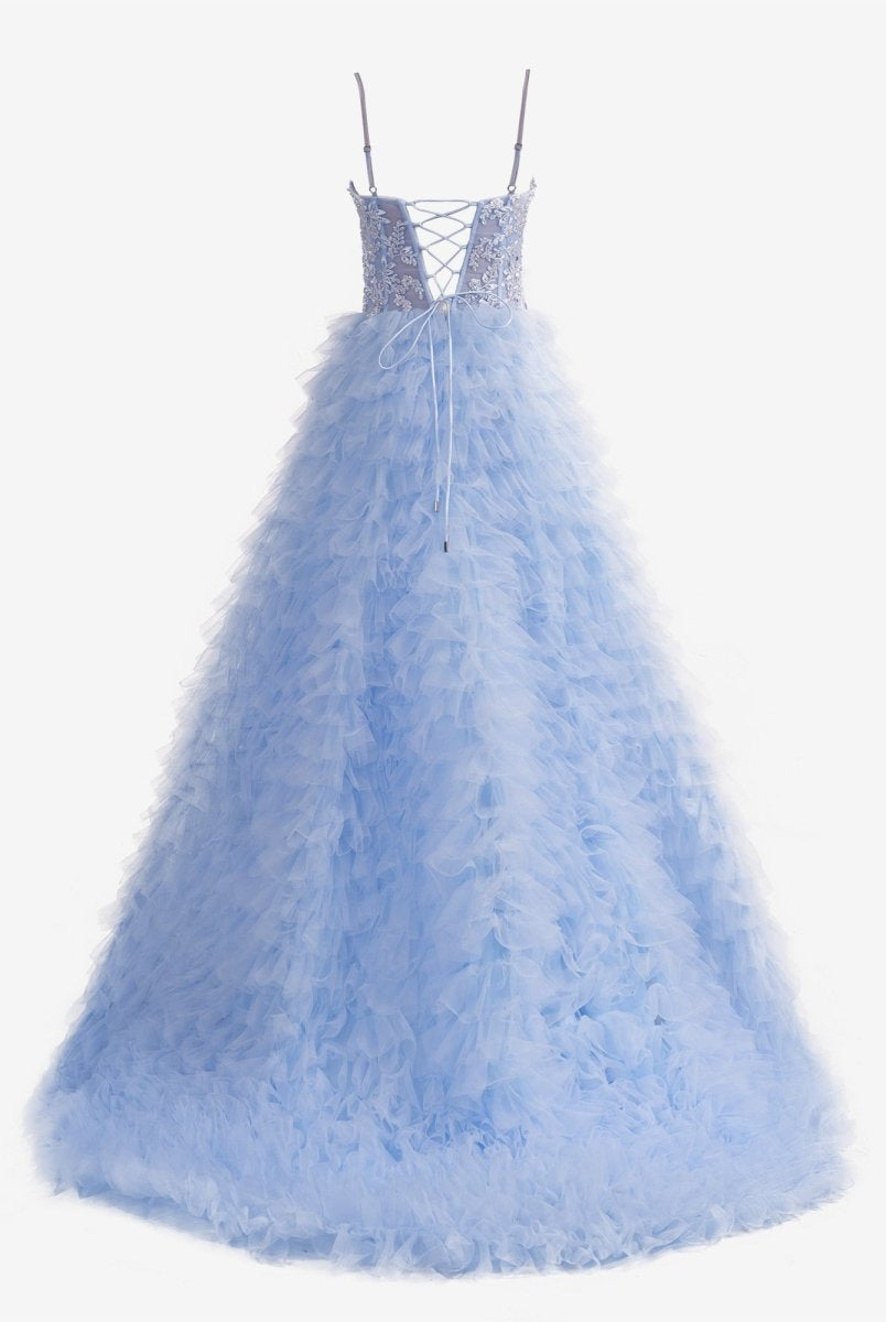 Jordan | Sky Blue A - Line Tiered Sequins Tulle Long Prom Dress - KissProm