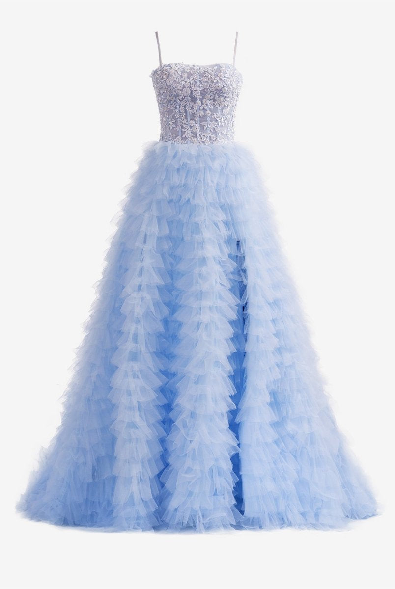 Jordan | A - Line Tiered Sequins Tulle Long Prom Dress - KissProm
