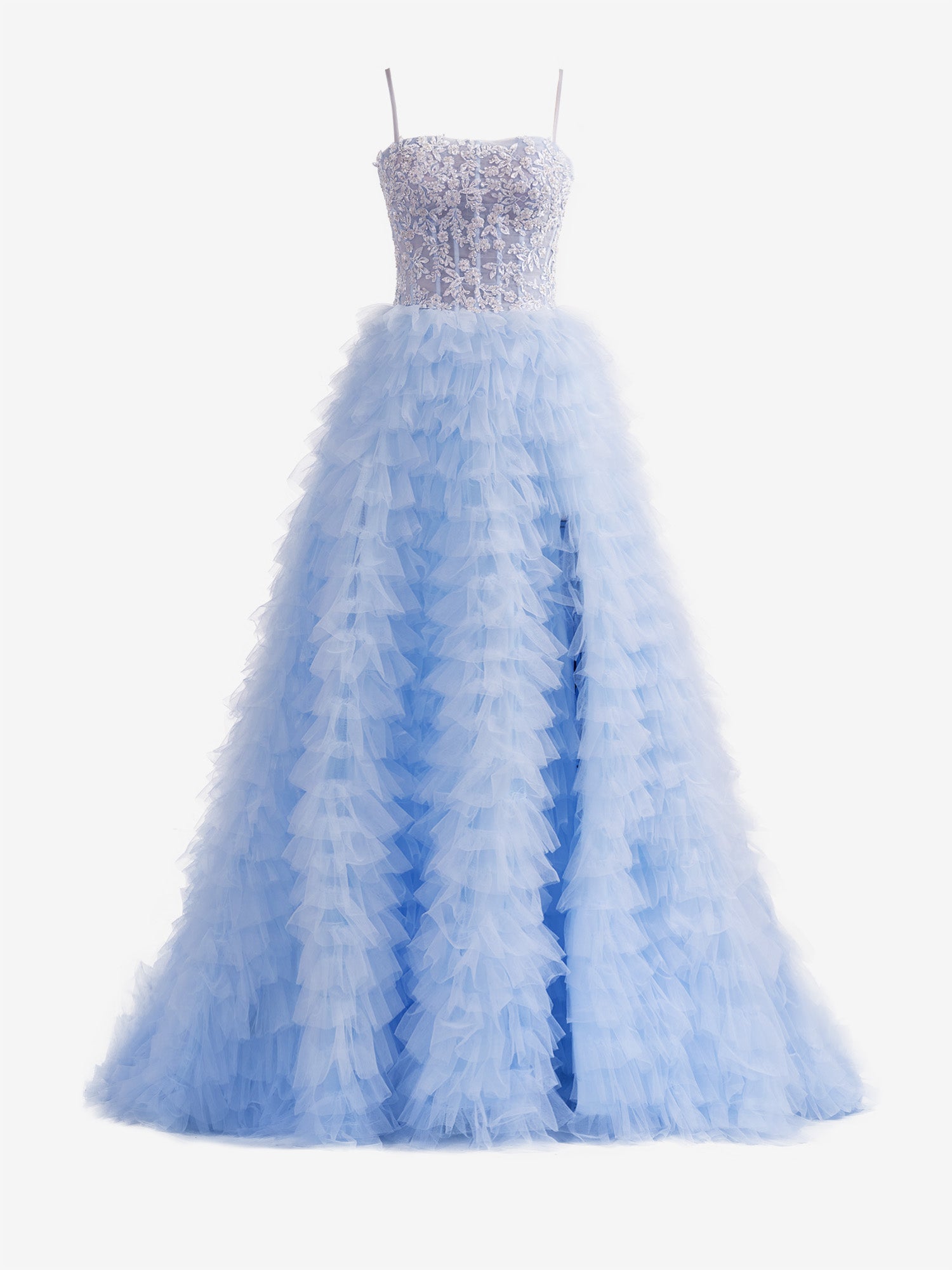 A-Line Tiered Sequins Tulle Long Prom Dress