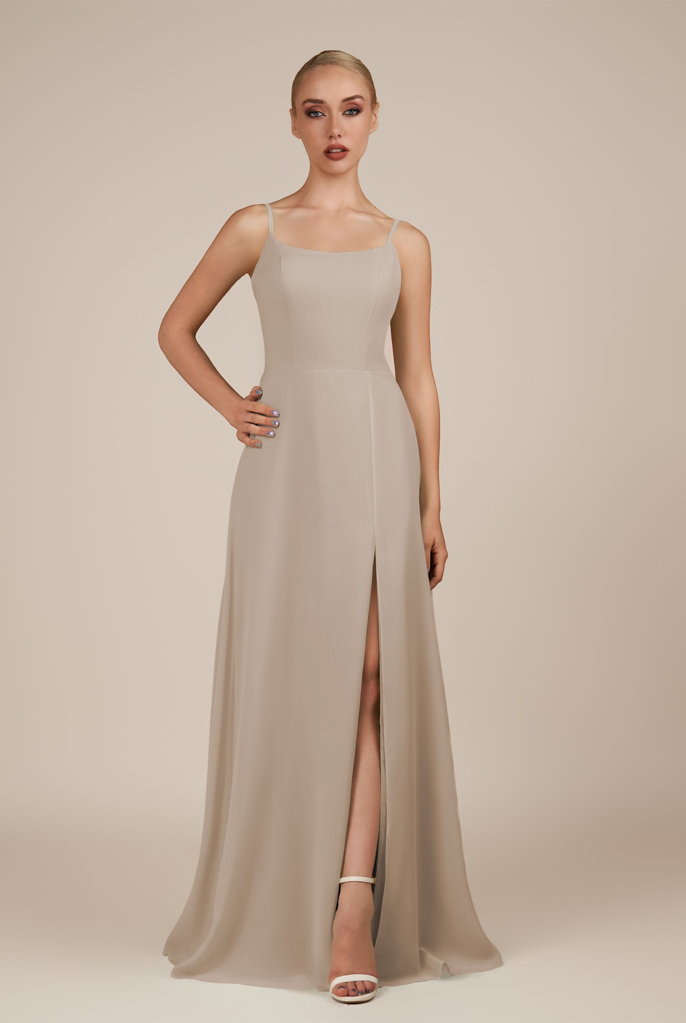 KissDress-Jovienne Almond Sheath Scoop Neck Chiffon Long Bridesmaid Dress with Slit