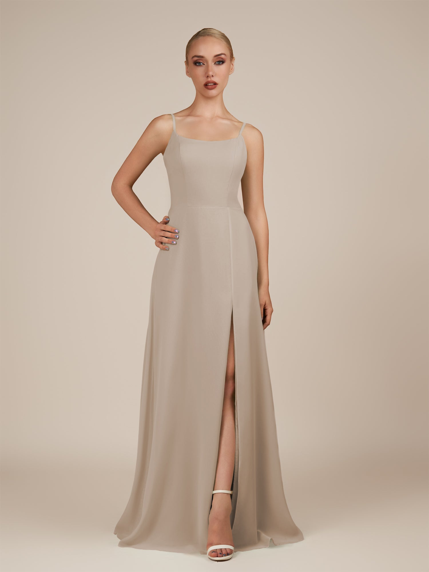 KissDress-Jovienne Almond Sheath Scoop Neck Chiffon Long Bridesmaid Dress with Slit