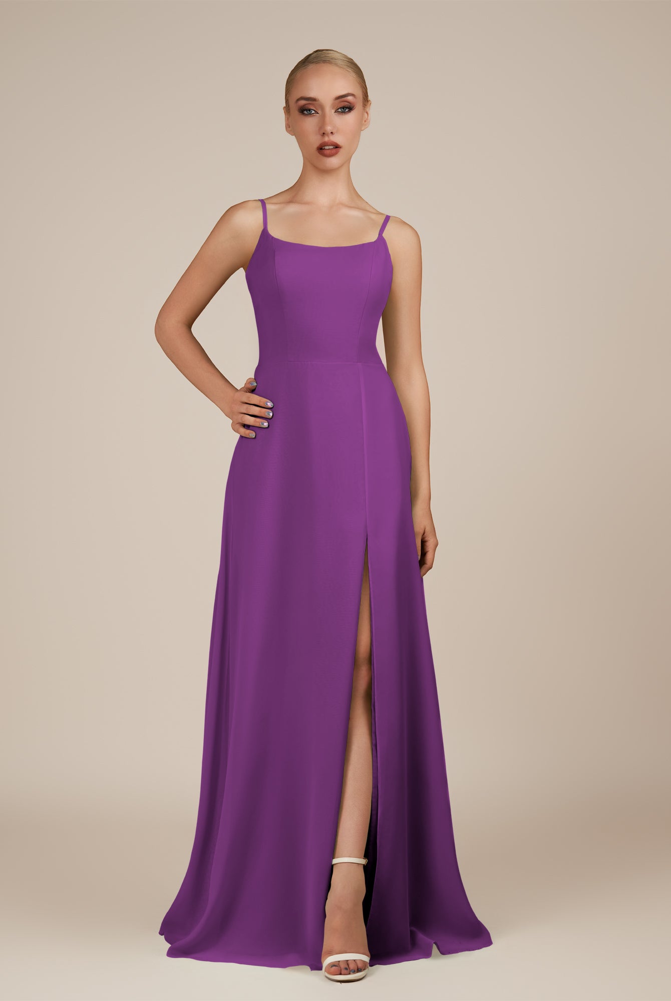 KissDress-Jovienne Amethyst Sheath Scoop Neck Chiffon Long Bridesmaid Dress with Slit