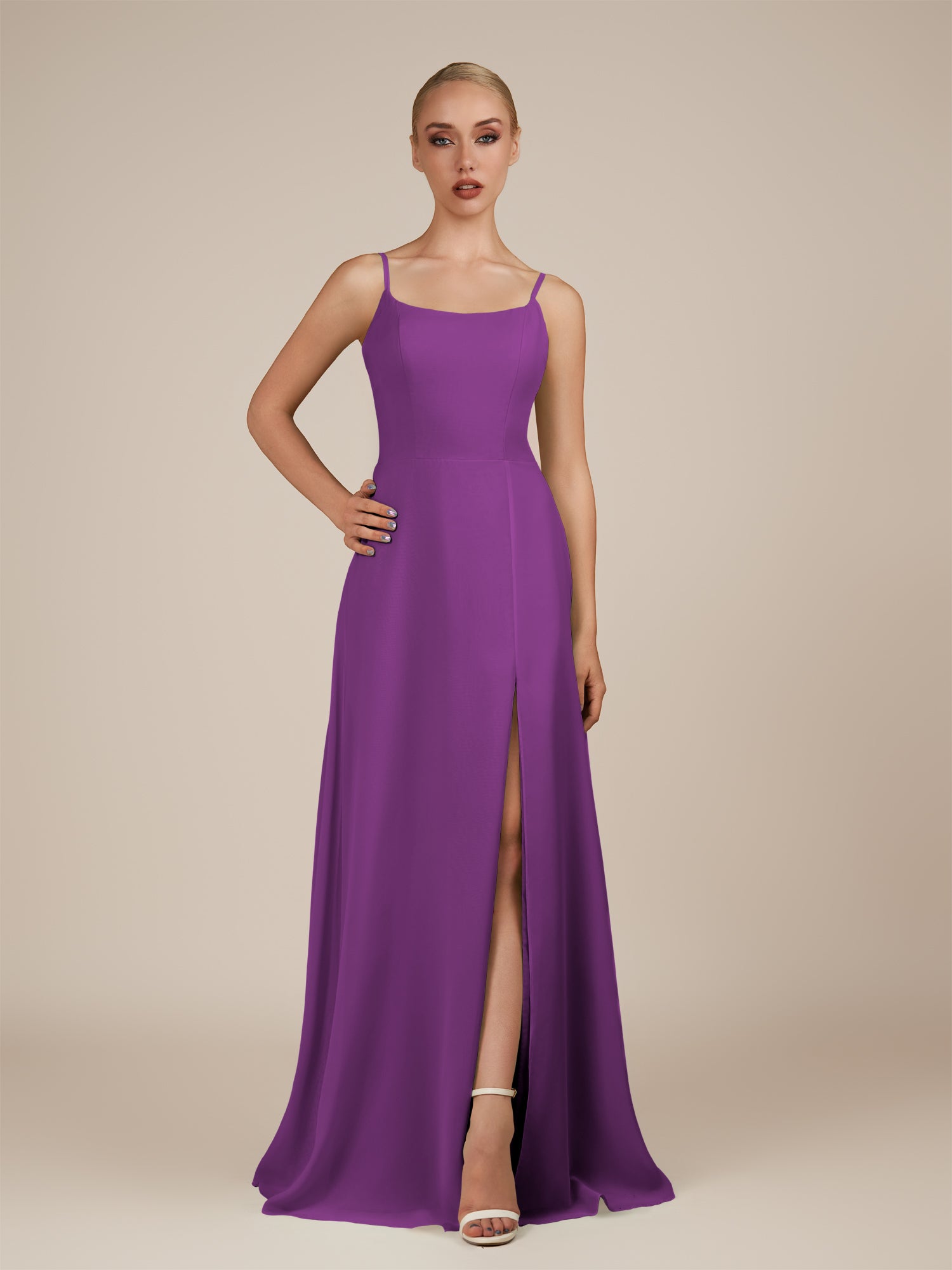 KissDress-Jovienne Amethyst Sheath Scoop Neck Chiffon Long Bridesmaid Dress with Slit