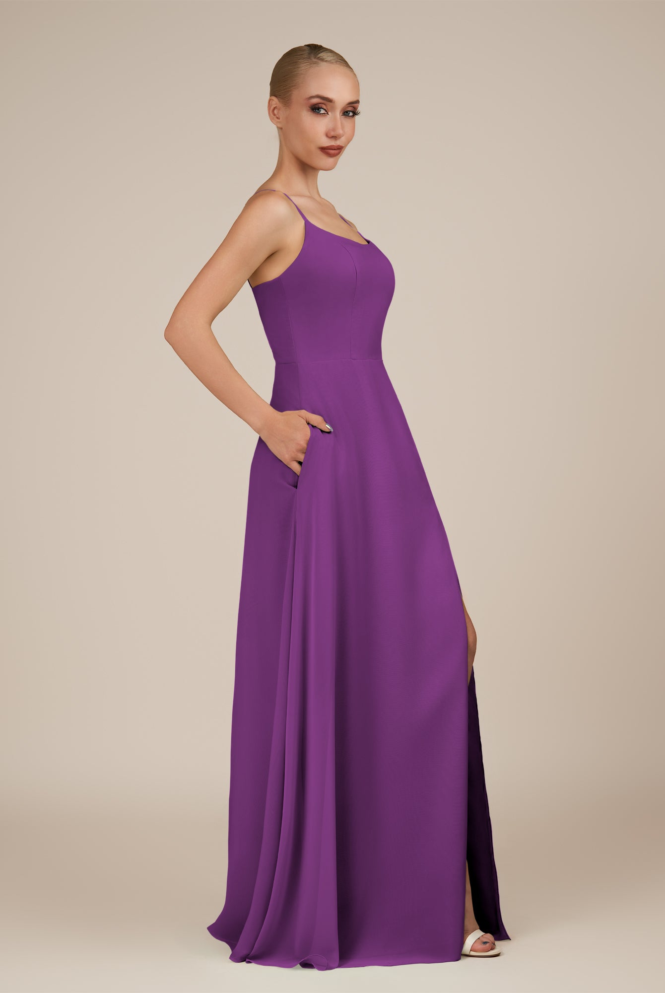 KissDress-Jovienne Amethyst Sheath Scoop Neck Chiffon Long Bridesmaid Dress with Slit