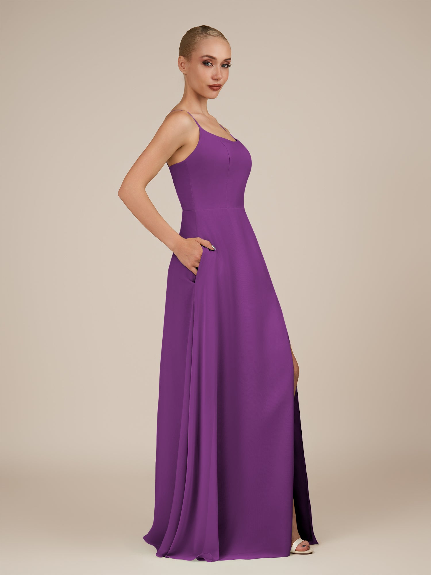 KissDress-Jovienne Amethyst Sheath Scoop Neck Chiffon Long Bridesmaid Dress with Slit