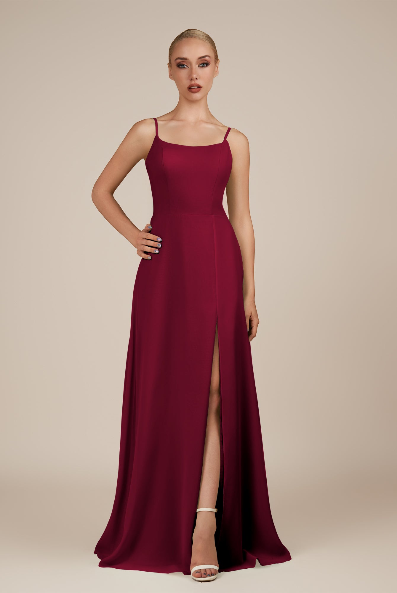 KissDress-Jovienne Berry Sheath Scoop Neck Chiffon Long Bridesmaid Dress with Slit