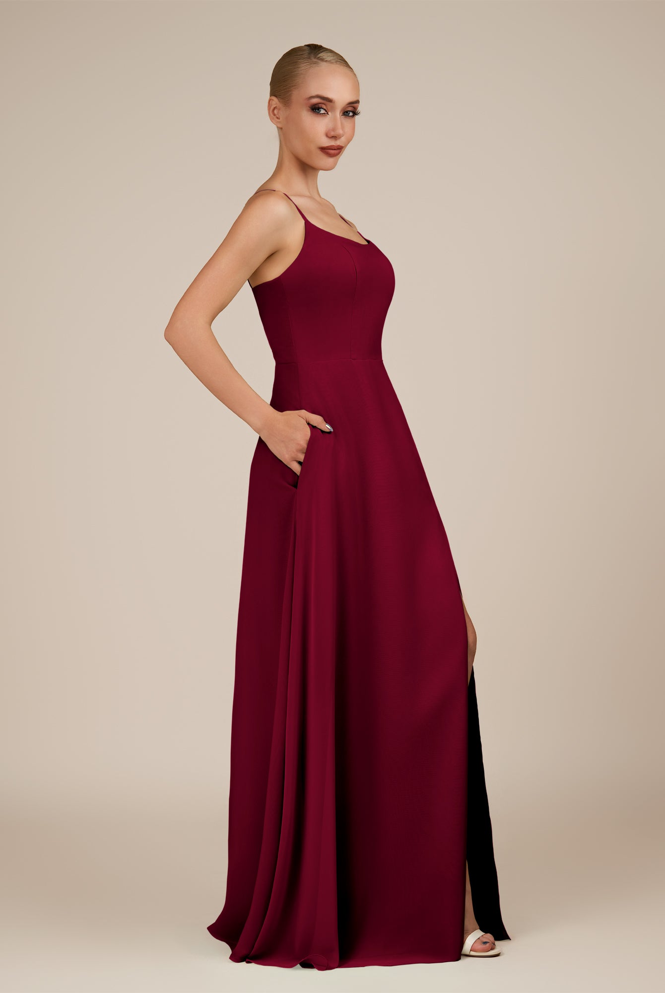 KissDress-Jovienne Berry Sheath Scoop Neck Chiffon Long Bridesmaid Dress with Slit