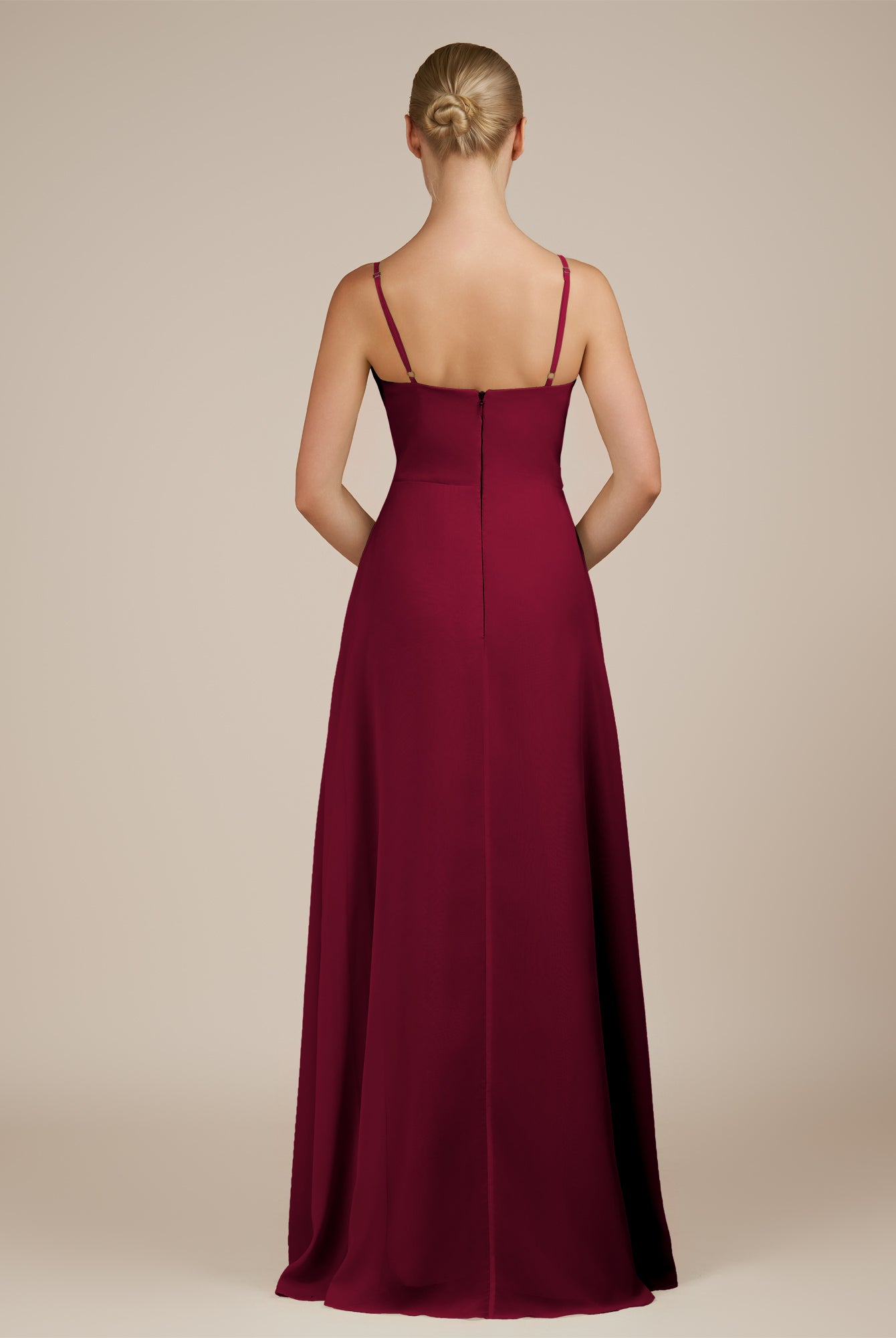 KissDress-Jovienne Berry Sheath Scoop Neck Chiffon Long Bridesmaid Dress with Slit