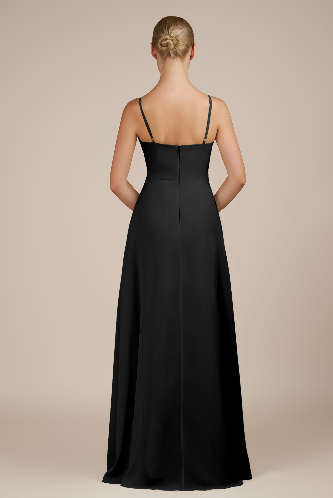 KissDress-Jovienne Black Sheath Scoop Neck Chiffon Long Bridesmaid Dress with Slit