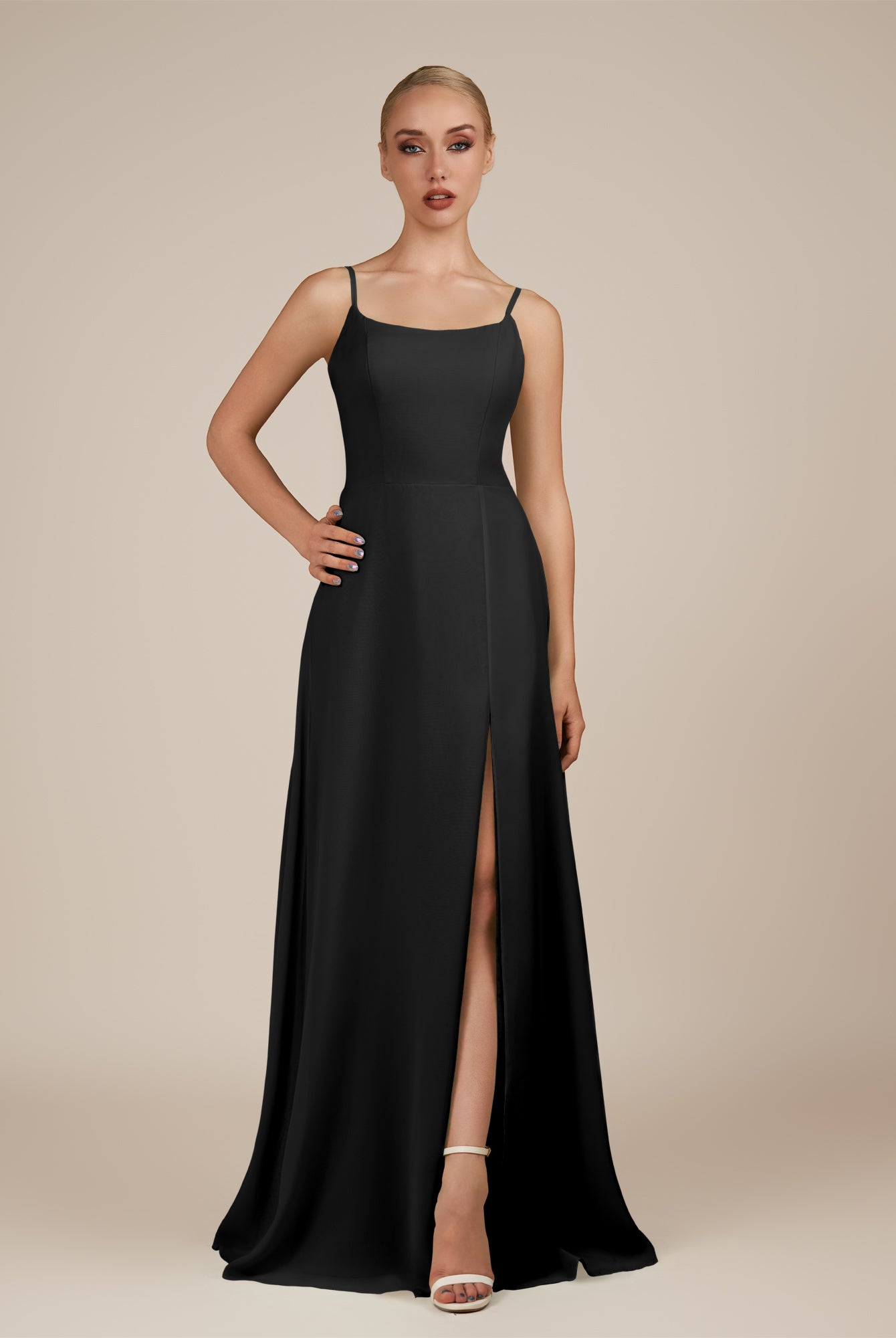 KissDress-Jovienne Black Sheath Scoop Neck Chiffon Long Bridesmaid Dress with Slit