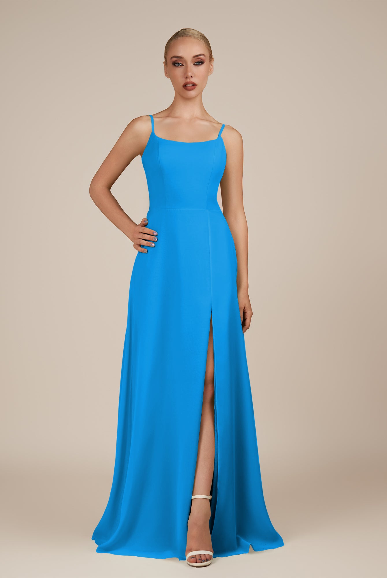 KissDress-Jovienne Blue Jay Sheath Scoop Neck Chiffon Long Bridesmaid Dress with Slit