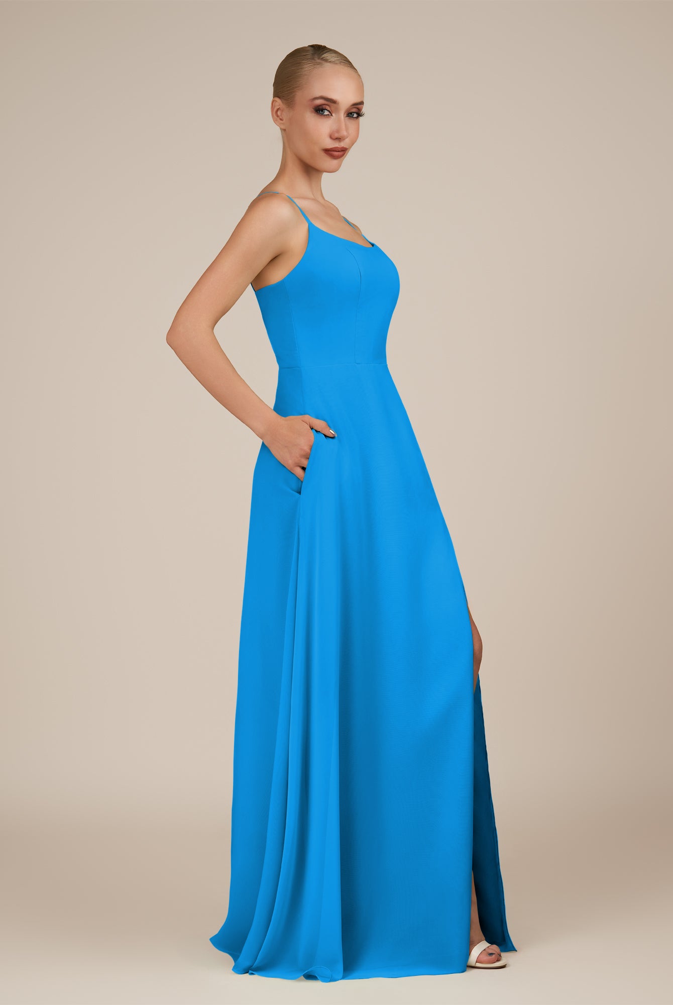 KissDress-Jovienne Blue Jay Sheath Scoop Neck Chiffon Long Bridesmaid Dress with Slit