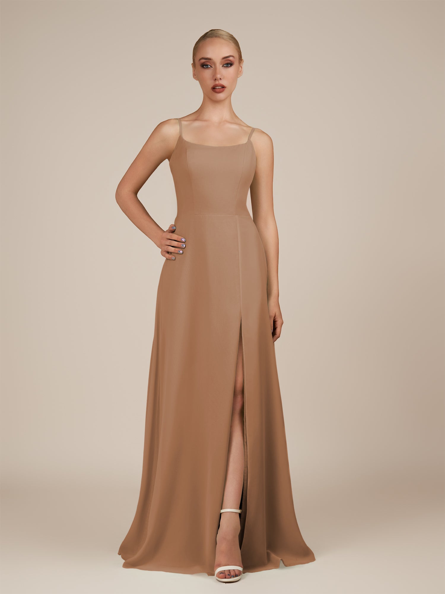 KissDress-Jovienne Bronzer Sheath Scoop Neck Chiffon Long Bridesmaid Dress with Slit