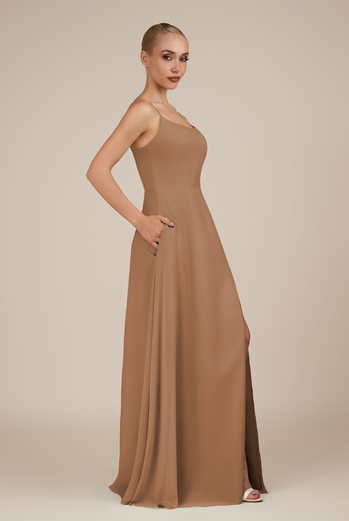 KissDress-Jovienne Bronzer Sheath Scoop Neck Chiffon Long Bridesmaid Dress with Slit