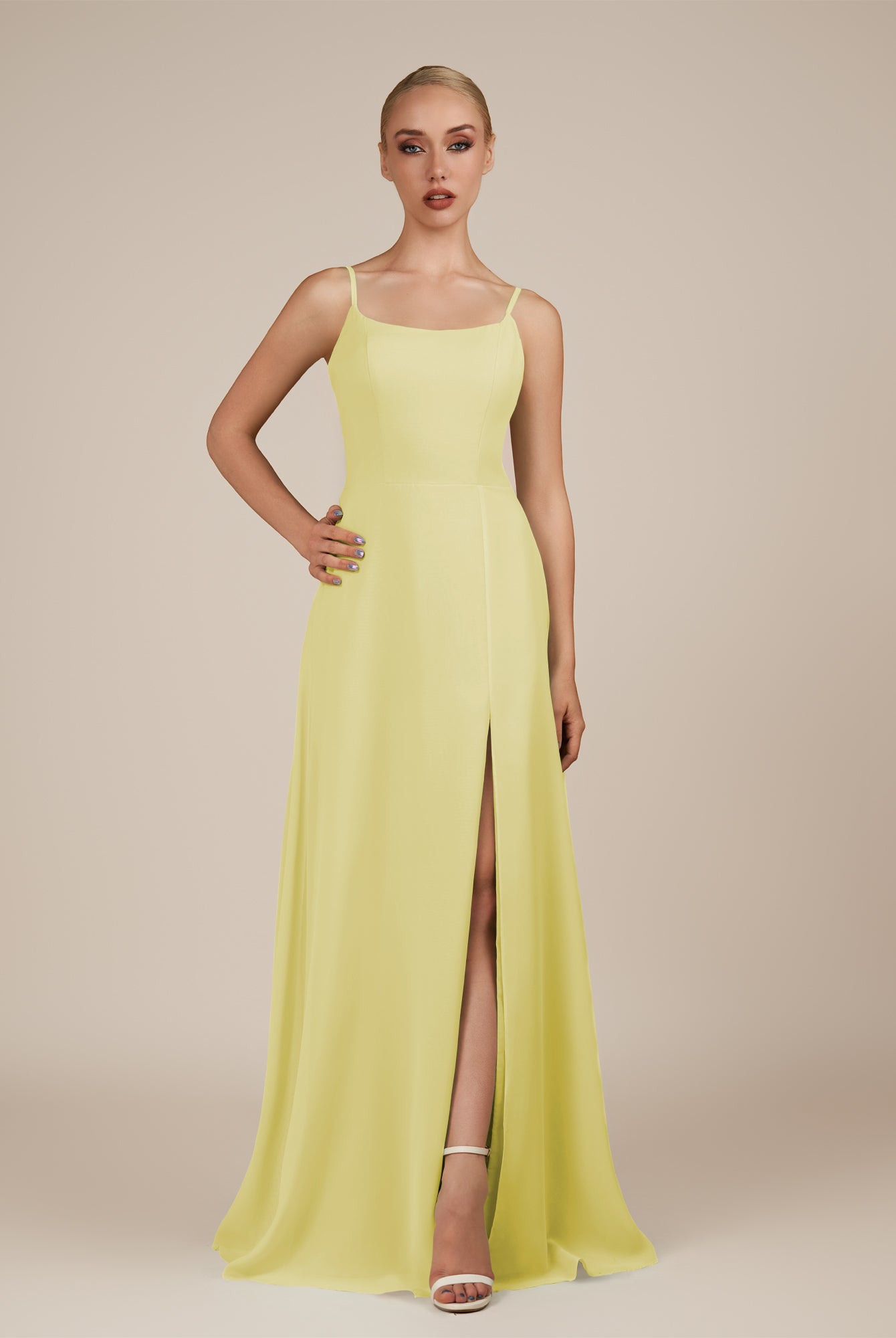 KissDress-Jovienne Buttercup Sheath Scoop Neck Chiffon Long Bridesmaid Dress with Slit
