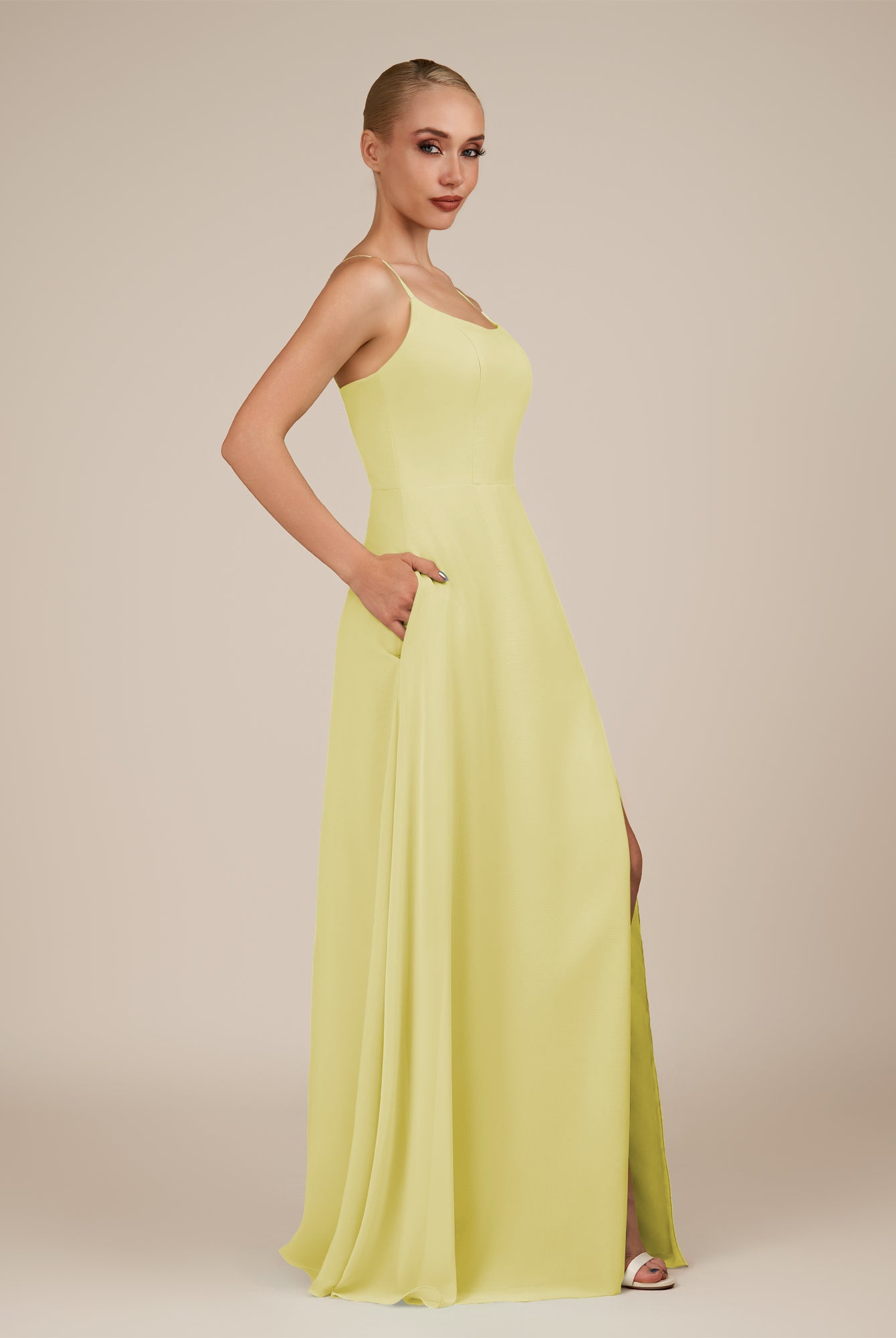 KissDress-Jovienne Buttercup Sheath Scoop Neck Chiffon Long Bridesmaid Dress with Slit