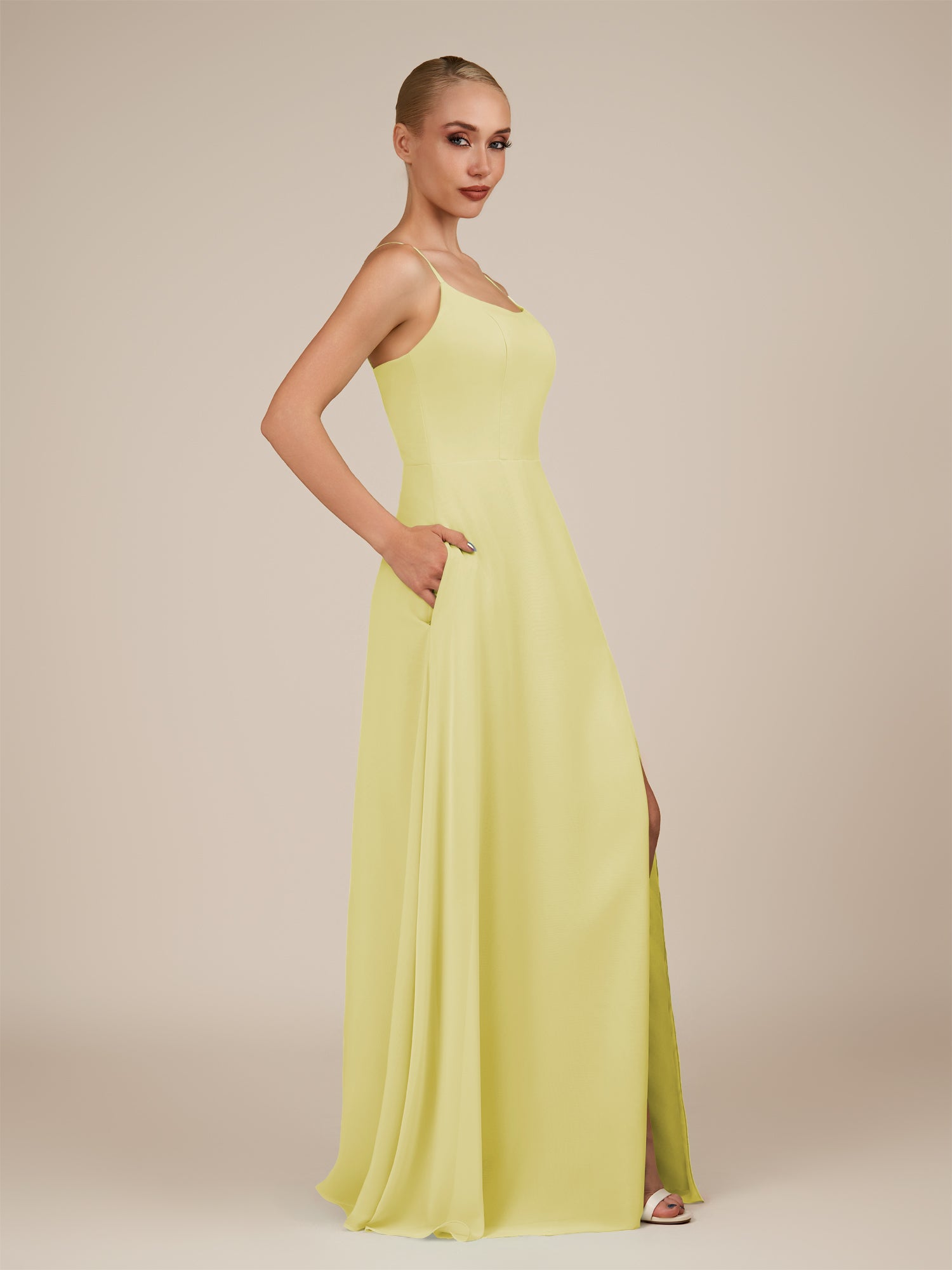 KissDress-Jovienne Buttercup Sheath Scoop Neck Chiffon Long Bridesmaid Dress with Slit
