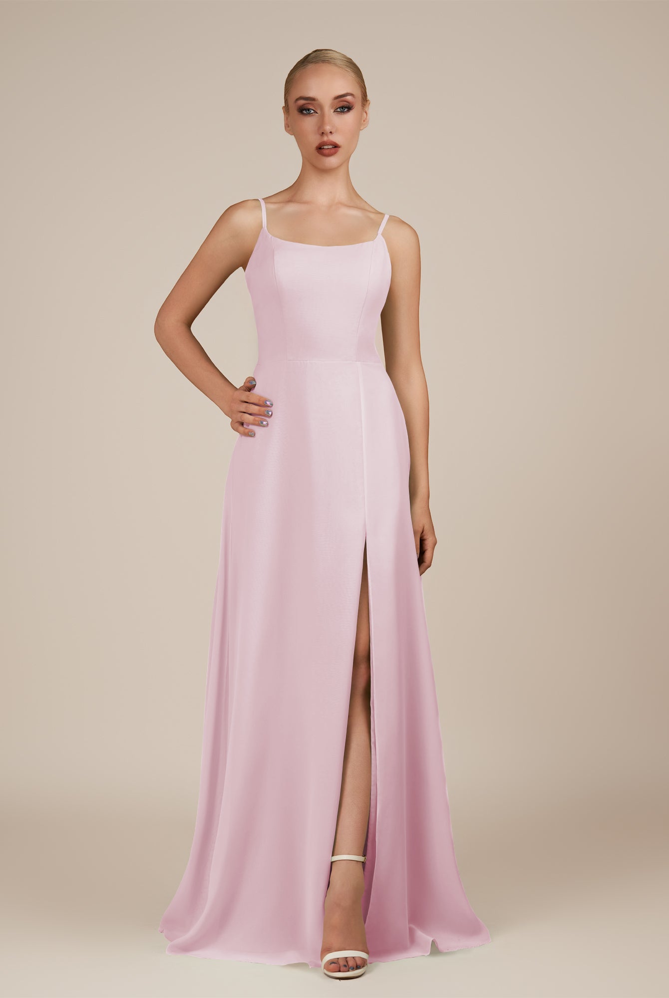 KissDress-Jovienne Candy Pink Sheath Scoop Neck Chiffon Long Bridesmaid Dress with Slit