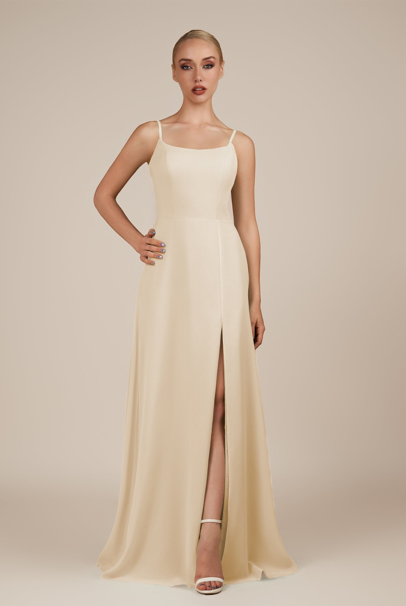 KissDress-Jovienne Champagne Sheath Scoop Neck Chiffon Long Bridesmaid Dress with Slit