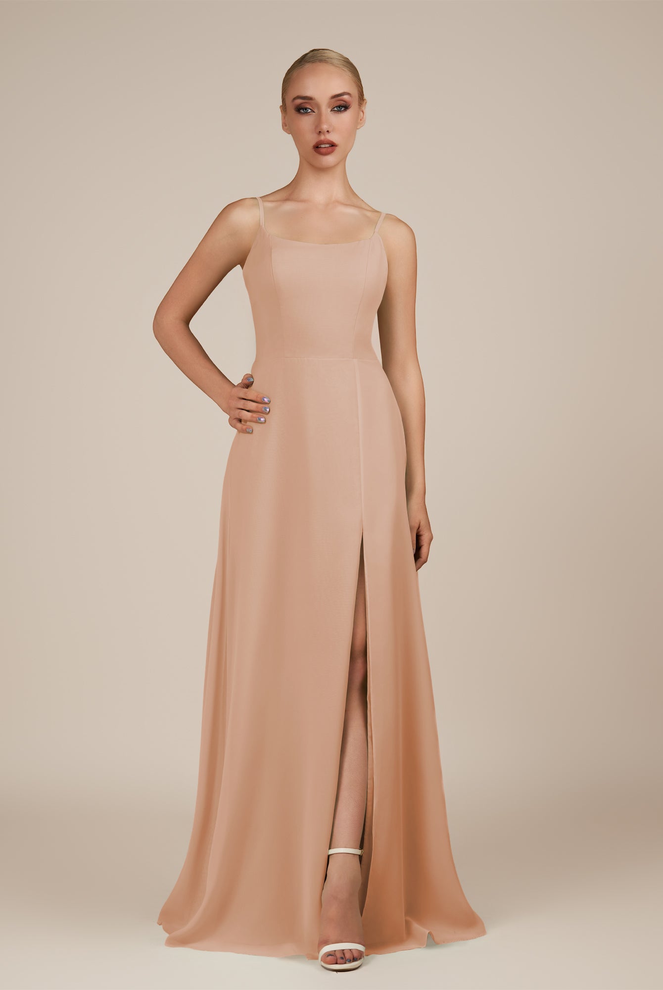 KissDress-Jovienne Champagne Rose Sheath Scoop Neck Chiffon Long Bridesmaid Dress with Slit