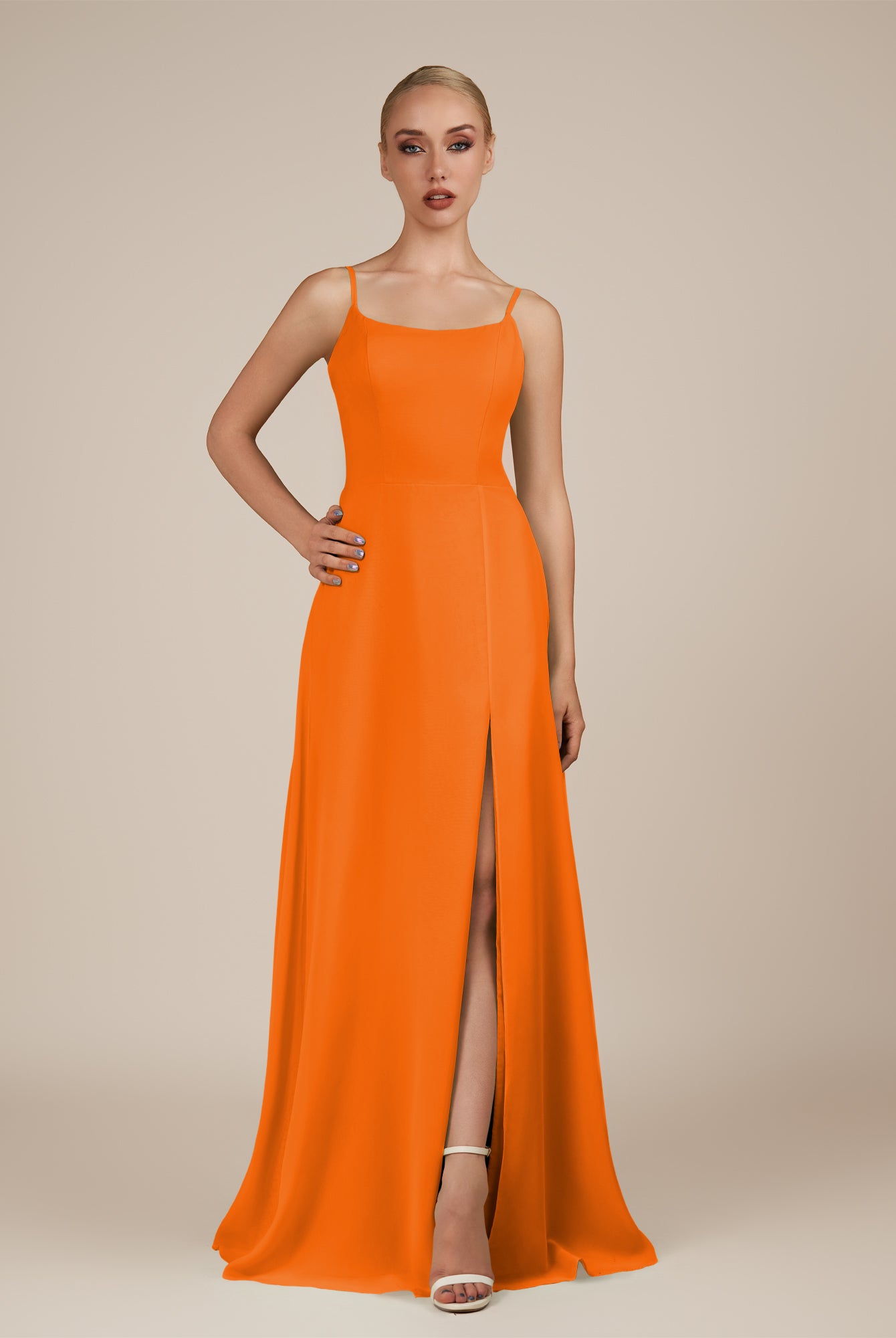 KissDress-Jovienne Cinnamon Sheath Scoop Neck Chiffon Long Bridesmaid Dress with Slit