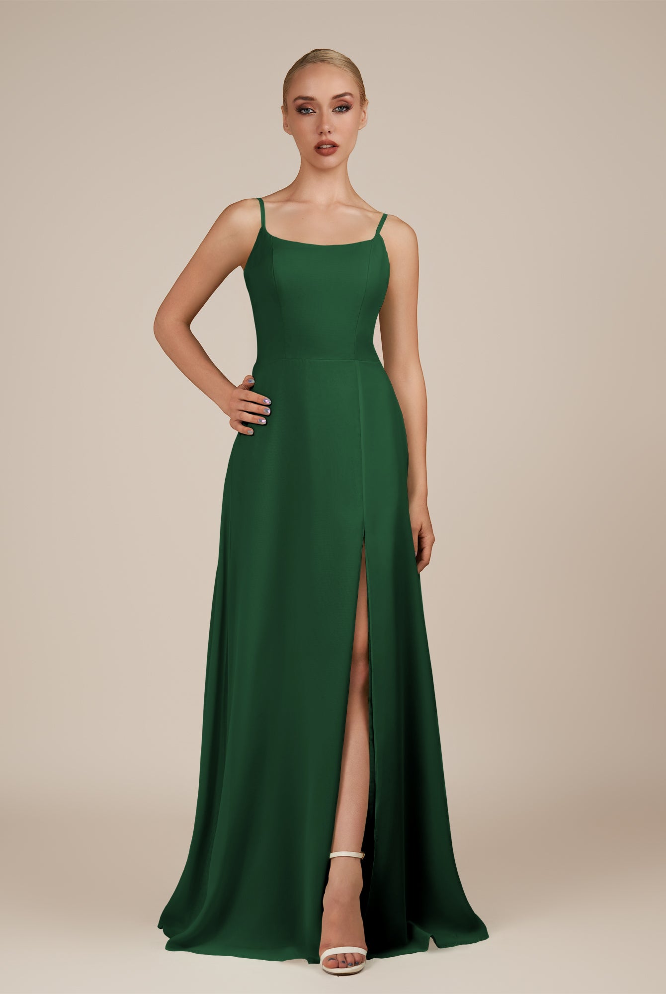 KissDress-Jovienne Dark Green Sheath Scoop Neck Chiffon Long Bridesmaid Dress with Slit