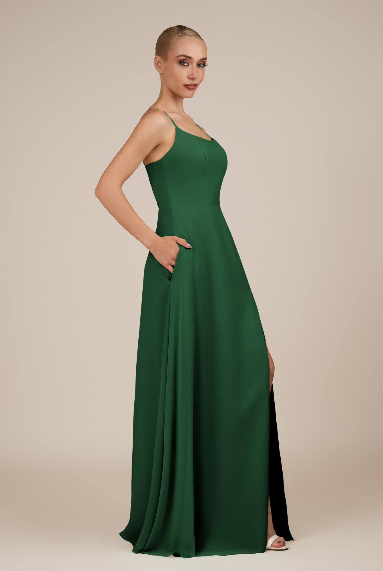 KissDress-Jovienne Dark Green Sheath Scoop Neck Chiffon Long Bridesmaid Dress with Slit