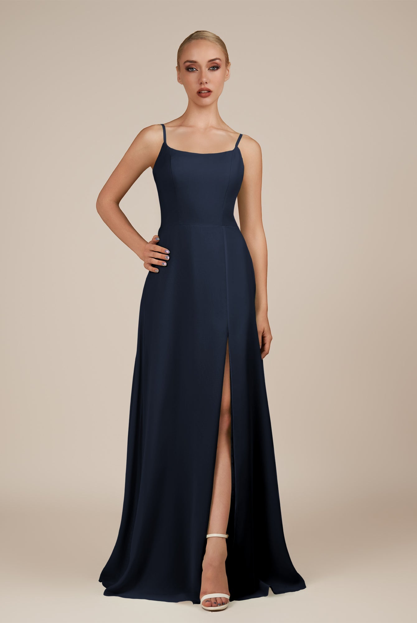 KissDress-Jovienne Dark Navy Sheath Scoop Neck Chiffon Long Bridesmaid Dress with Slit