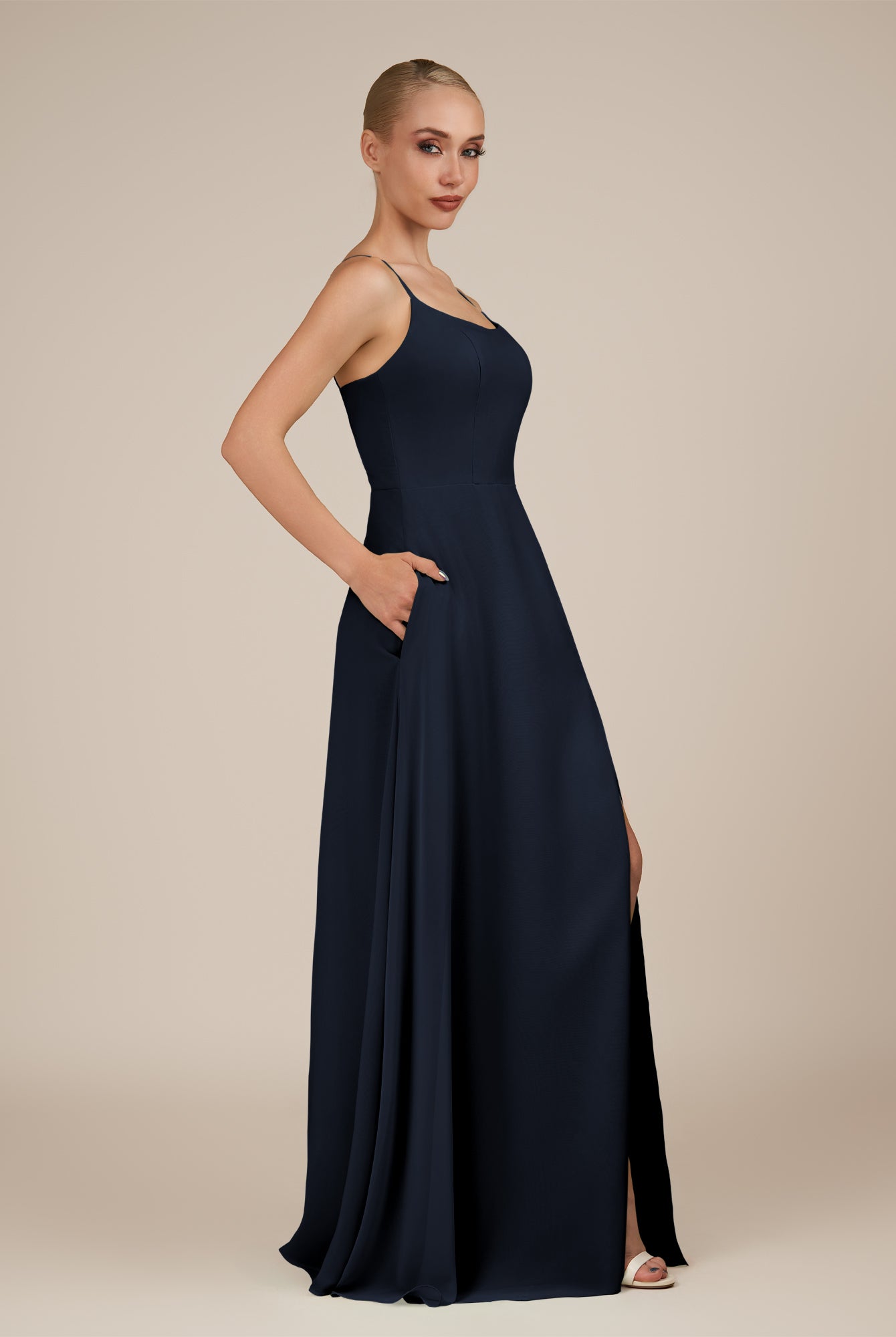 KissDress-Jovienne Dark Navy Sheath Scoop Neck Chiffon Long Bridesmaid Dress with Slit