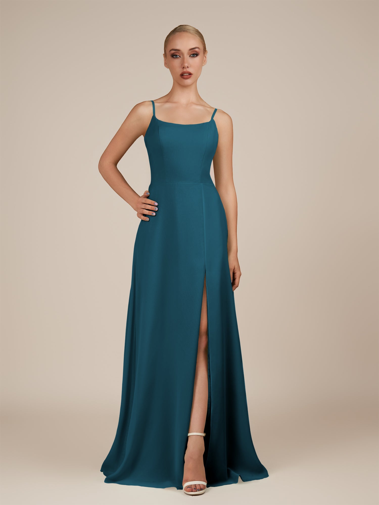 KissDress-Jovienne Dark Teal Sheath Scoop Neck Chiffon Long Bridesmaid Dress with Slit