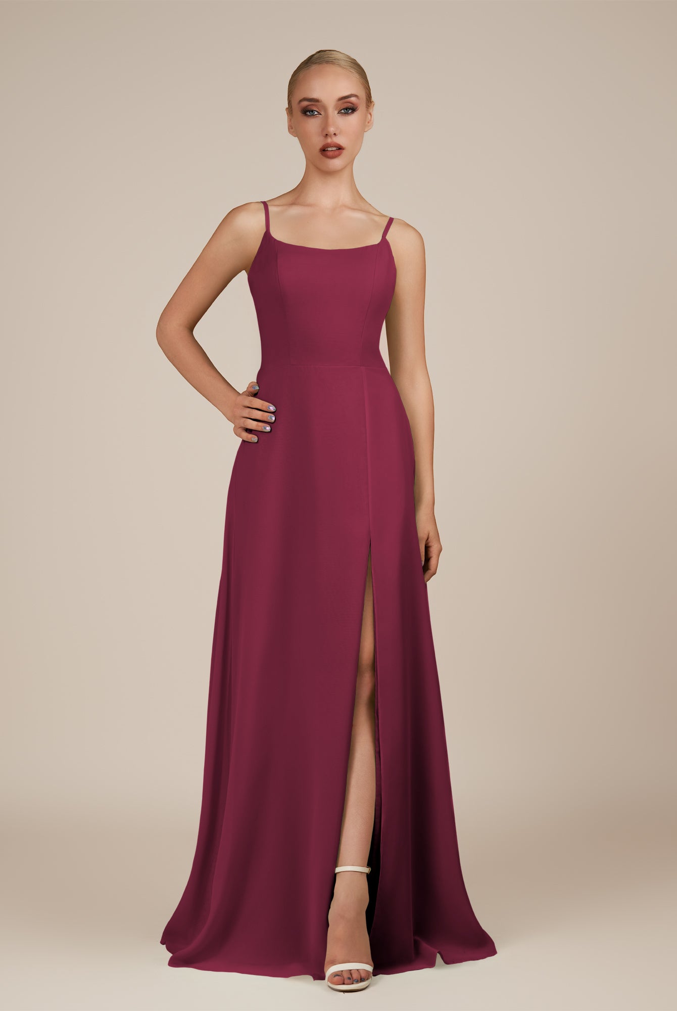 KissDress-Jovienne Desert Rose Sheath Scoop Neck Chiffon Long Bridesmaid Dress with Slit