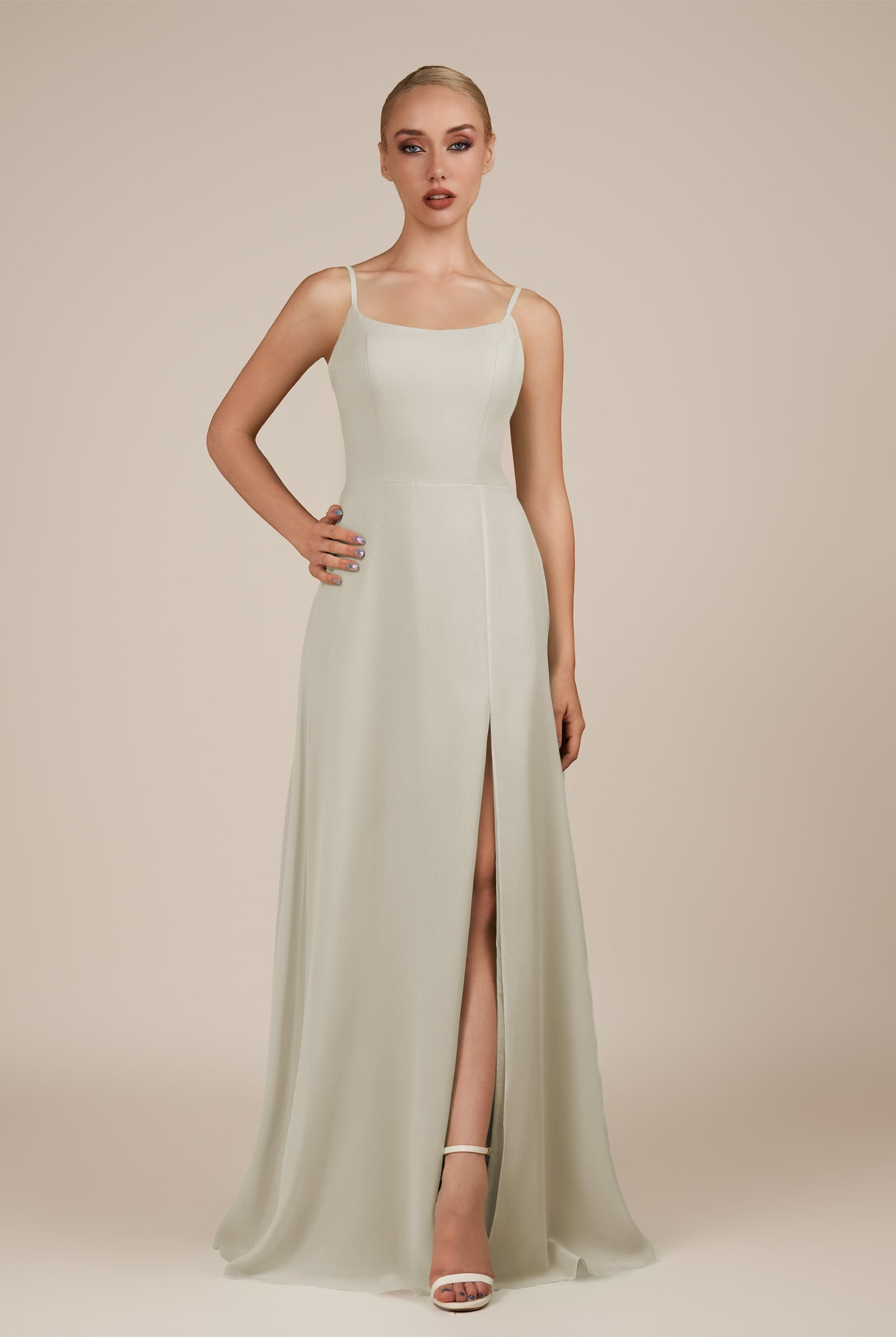 KissDress-Jovienne Dove Gray Sheath Scoop Neck Chiffon Long Bridesmaid Dress with Slit