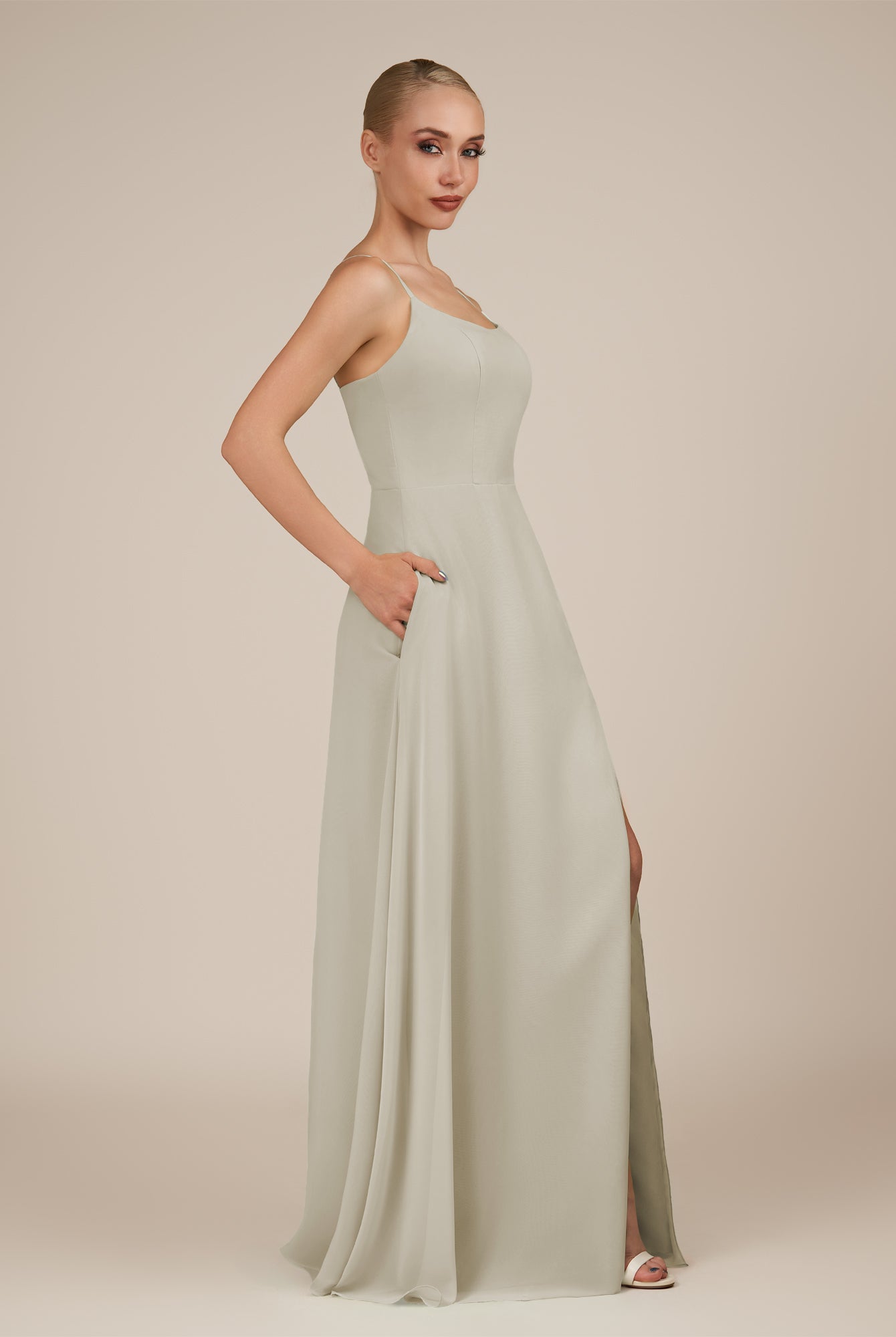KissDress-Jovienne Dove Gray Sheath Scoop Neck Chiffon Long Bridesmaid Dress with Slit